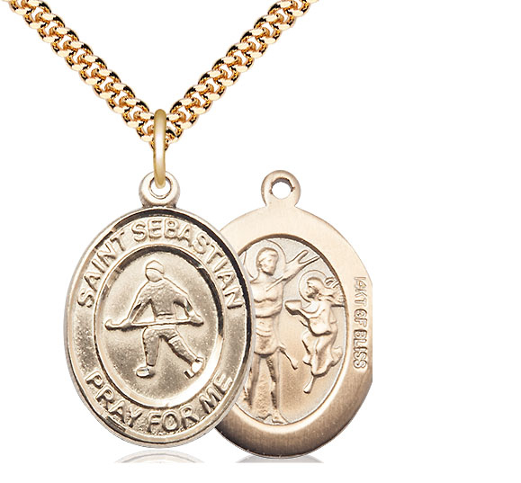 14kt Gold Filled Saint Sebastian Field Hockey Pendant on a 24 inch Gold Plate Heavy Curb chain