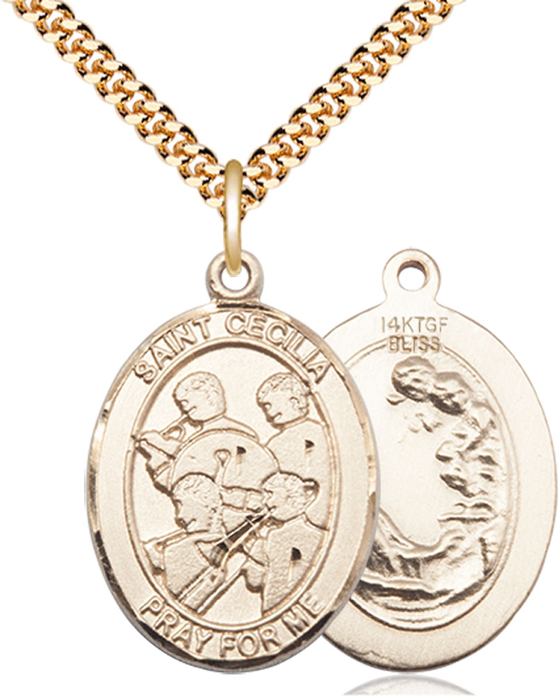 14kt Gold Filled Saint Cecilia Marching Band Pendant on a 24 inch Gold Plate Heavy Curb chain