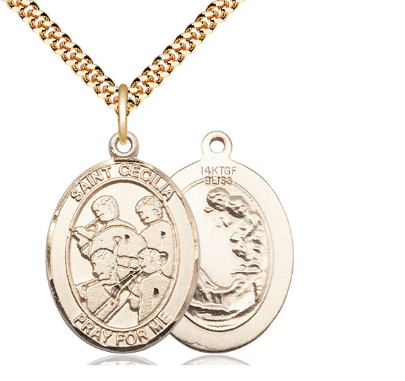 14kt Gold Filled Saint Cecilia Marching Band Pendant on a 24 inch Gold Plate Heavy Curb chain