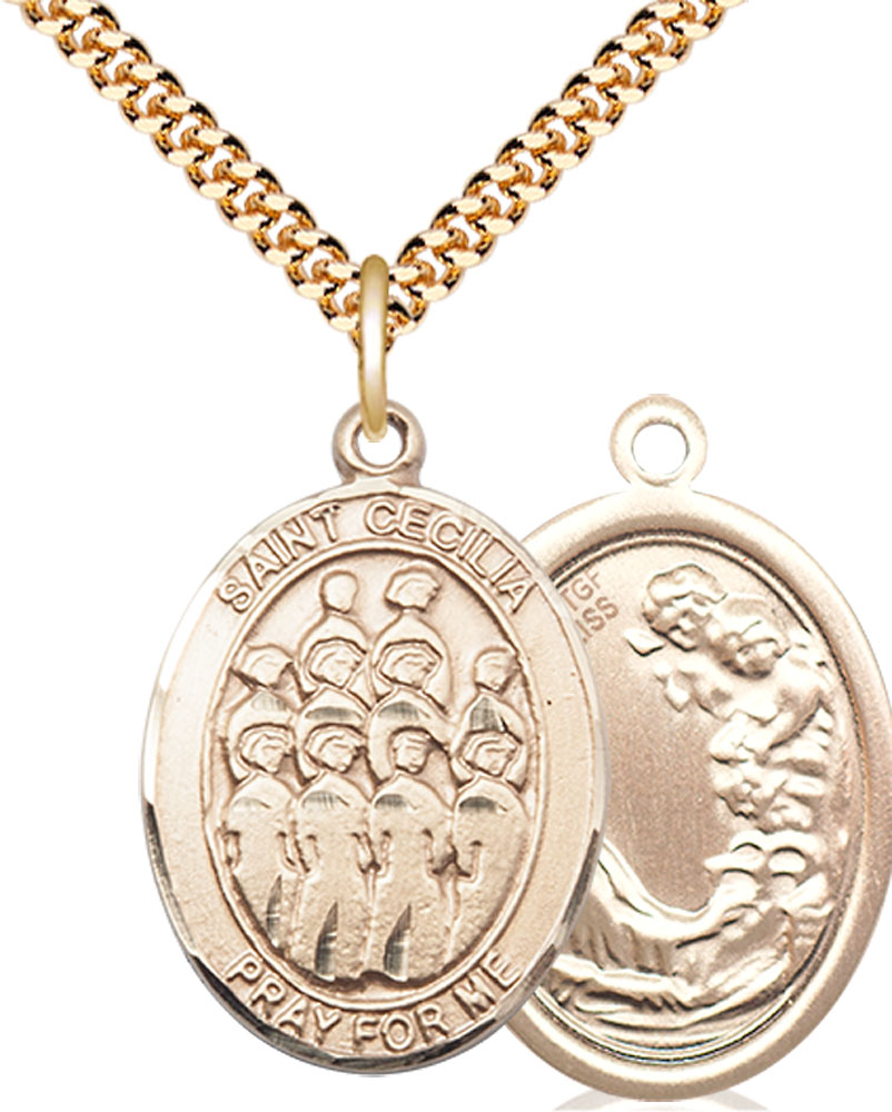 14kt Gold Filled Saint Cecilia Choir Pendant on a 24 inch Gold Plate Heavy Curb chain
