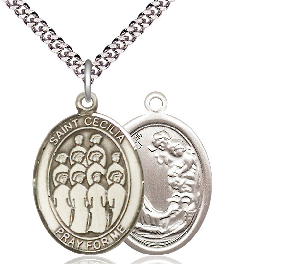 Sterling Silver Saint Cecilia Choir Pendant on a 24 inch Light Rhodium Heavy Curb chain