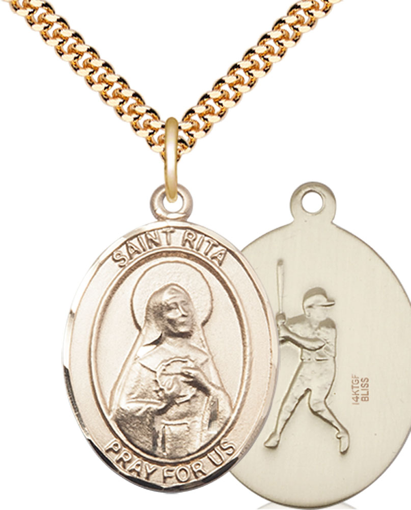 14kt Gold Filled Saint Rita Baseball Pendant on a 24 inch Gold Plate Heavy Curb chain