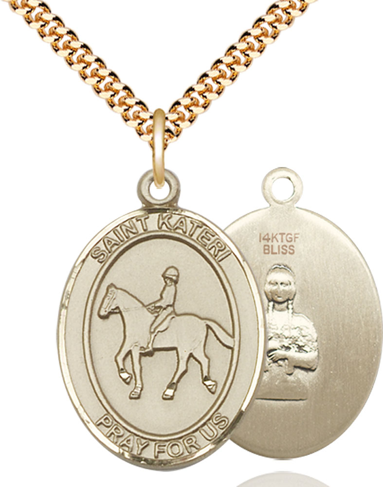 14kt Gold Filled Saint Kateri Equestrian Pendant on a 24 inch Gold Plate Heavy Curb chain