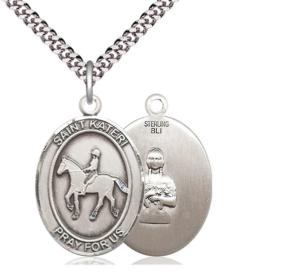 Sterling Silver Saint Kateri Equestrian Pendant on a 24 inch Light Rhodium Heavy Curb chain