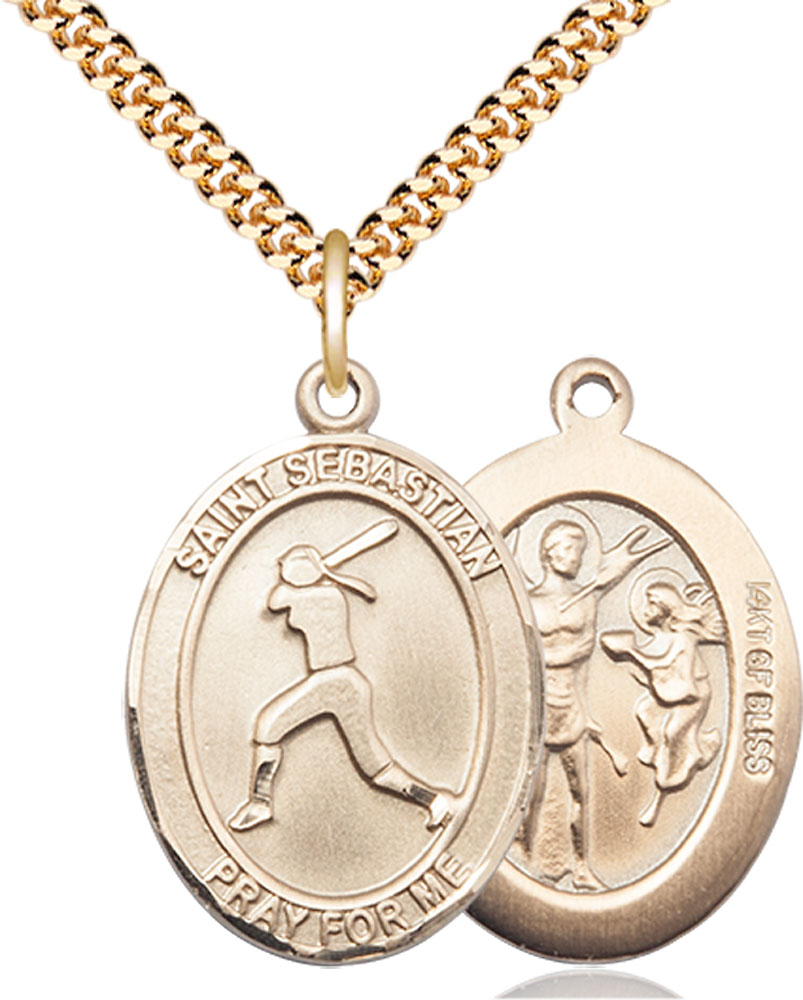 14kt Gold Filled Saint Sebastian  Softball Pendant on a 24 inch Gold Plate Heavy Curb chain