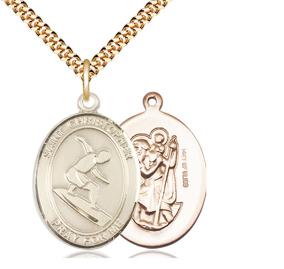14kt Gold Filled Saint Christopher Surfing Pendant on a 24 inch Gold Plate Heavy Curb chain