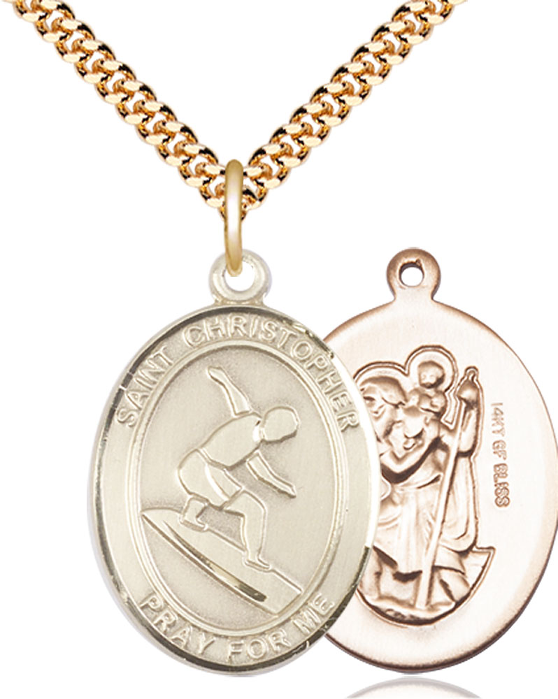 14kt Gold Filled Saint Christopher Surfing Pendant on a 24 inch Gold Plate Heavy Curb chain
