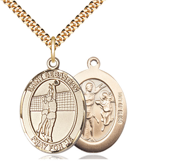 14kt Gold Filled Saint Sebastian Volleyball Pendant on a 24 inch Gold Plate Heavy Curb chain