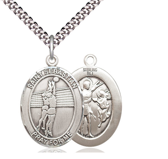 Sterling Silver Saint Sebastian Volleyball Pendant on a 24 inch Light Rhodium Heavy Curb chain