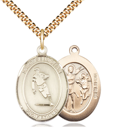 14kt Gold Filled Saint Sebastian Rugby Pendant on a 24 inch Gold Plate Heavy Curb chain
