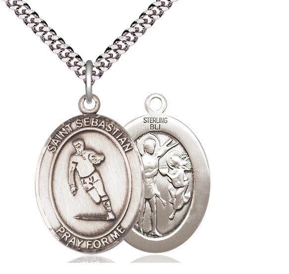 Sterling Silver Saint Sebastian Rugby Pendant on a 24 inch Light Rhodium Heavy Curb chain