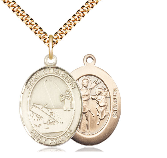14kt Gold Filled Saint Sebastian Fishing Pendant on a 24 inch Gold Plate Heavy Curb chain