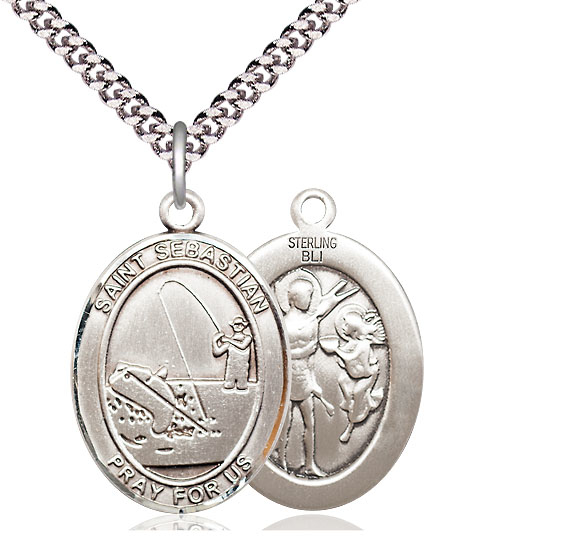 Sterling Silver Saint Sebastian Fishing Pendant on a 24 inch Light Rhodium Heavy Curb chain