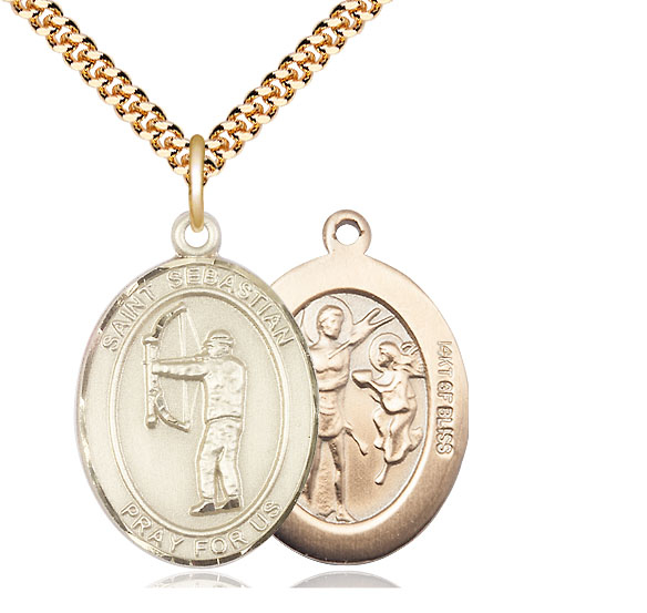 14kt Gold Filled Saint Sebastian Archery Pendant on a 24 inch Gold Plate Heavy Curb chain
