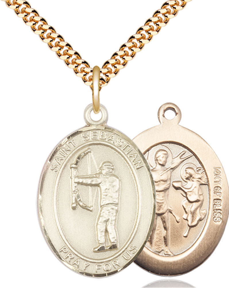14kt Gold Filled Saint Sebastian Archery Pendant on a 24 inch Gold Plate Heavy Curb chain