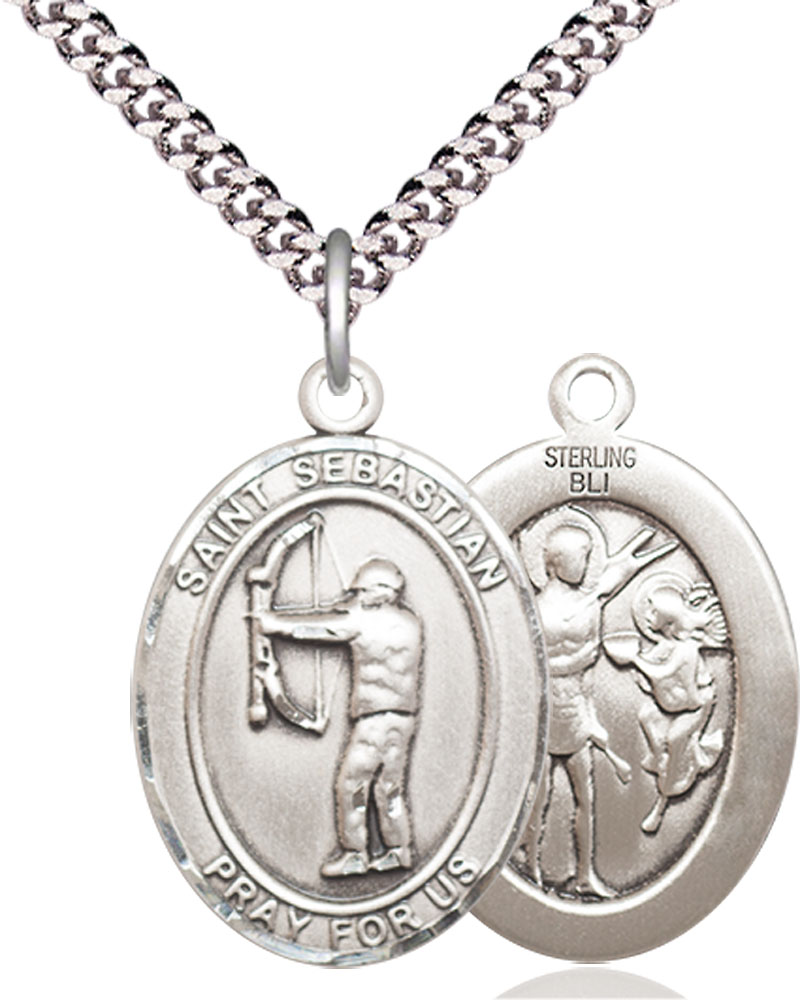 Sterling Silver Saint Sebastian Archery Pendant on a 24 inch Light Rhodium Heavy Curb chain