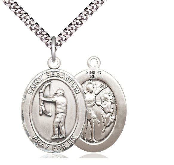 Sterling Silver Saint Sebastian Archery Pendant on a 24 inch Light Rhodium Heavy Curb chain