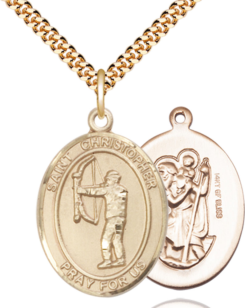 14kt Gold Filled Saint Christopher Archery Pendant on a 24 inch Gold Plate Heavy Curb chain