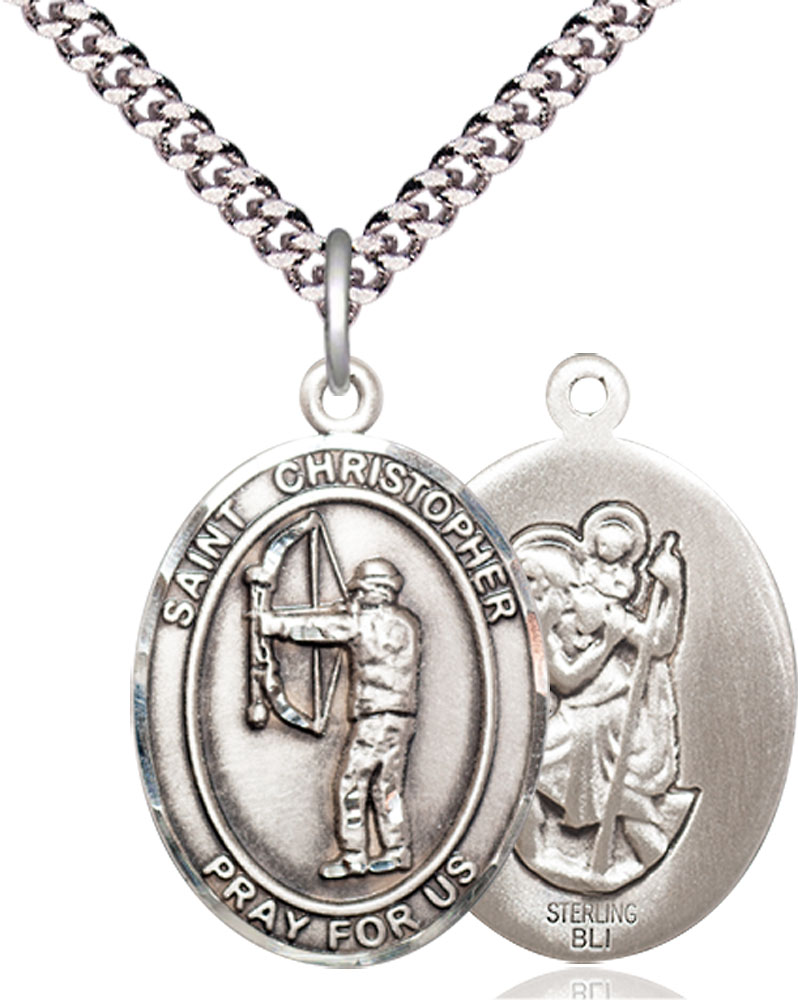 Sterling Silver Saint Christopher Archery Pendant on a 24 inch Light Rhodium Heavy Curb chain