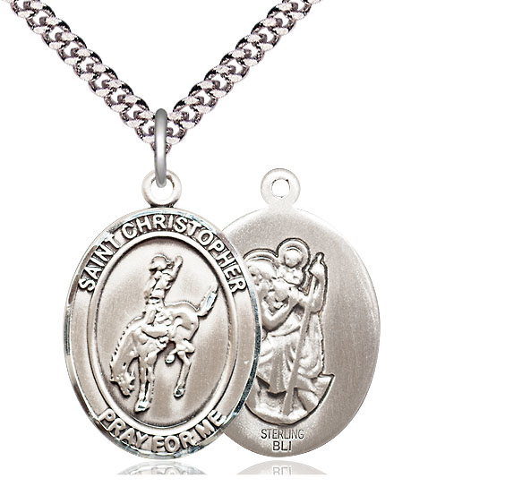 Sterling Silver Saint Christopher Rodeo Pendant on a 24 inch Light Rhodium Heavy Curb chain
