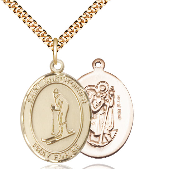 14kt Gold Filled Saint Christopher Skiing Pendant on a 24 inch Gold Plate Heavy Curb chain