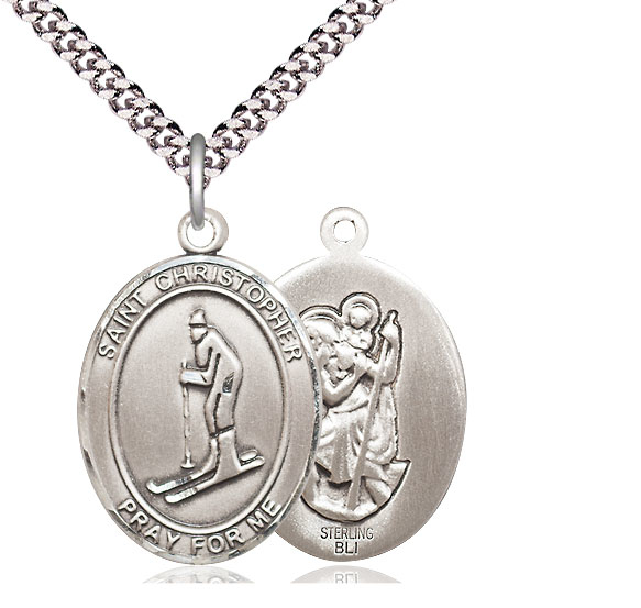 Sterling Silver Saint Christopher Skiing Pendant on a 24 inch Light Rhodium Heavy Curb chain