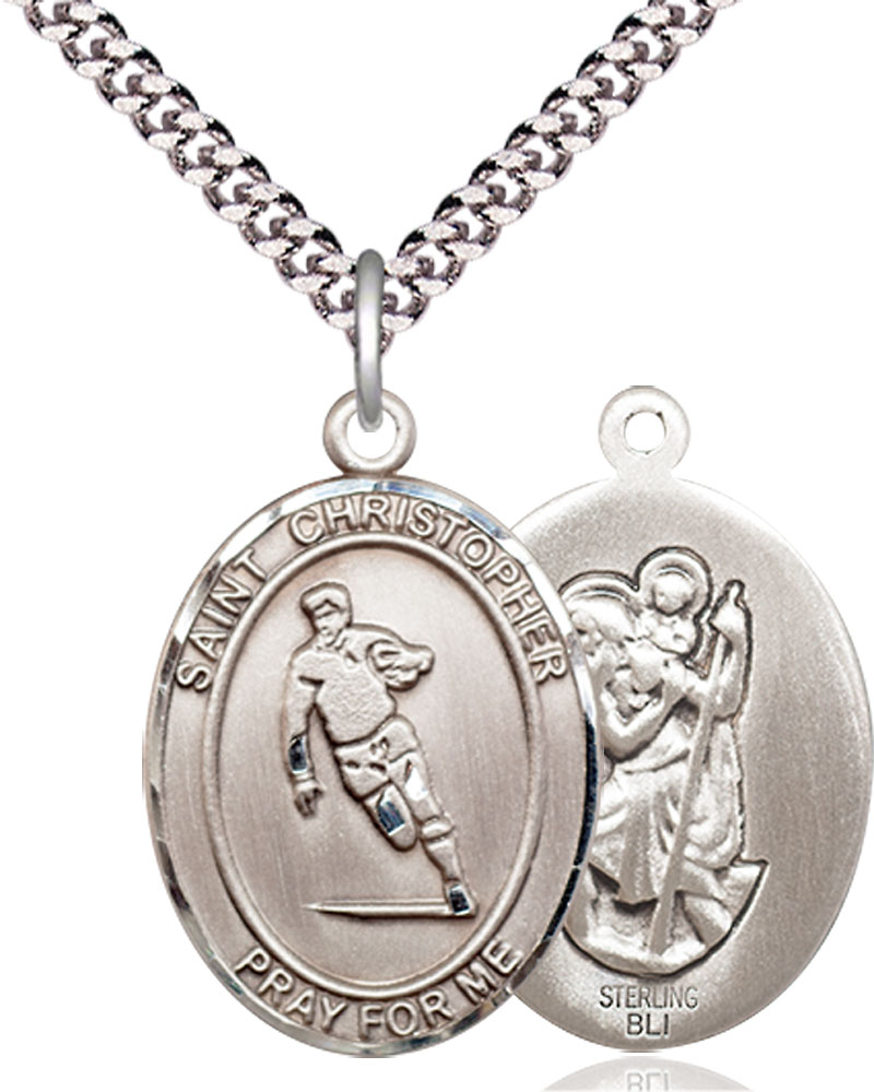 Sterling Silver Saint Christopher Rugby Pendant on a 24 inch Light Rhodium Heavy Curb chain