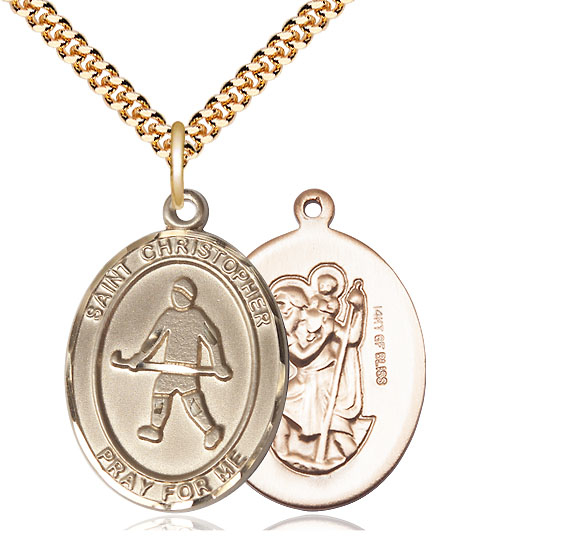 14kt Gold Filled Saint Christopher Field Hockey Pendant on a 24 inch Gold Plate Heavy Curb chain