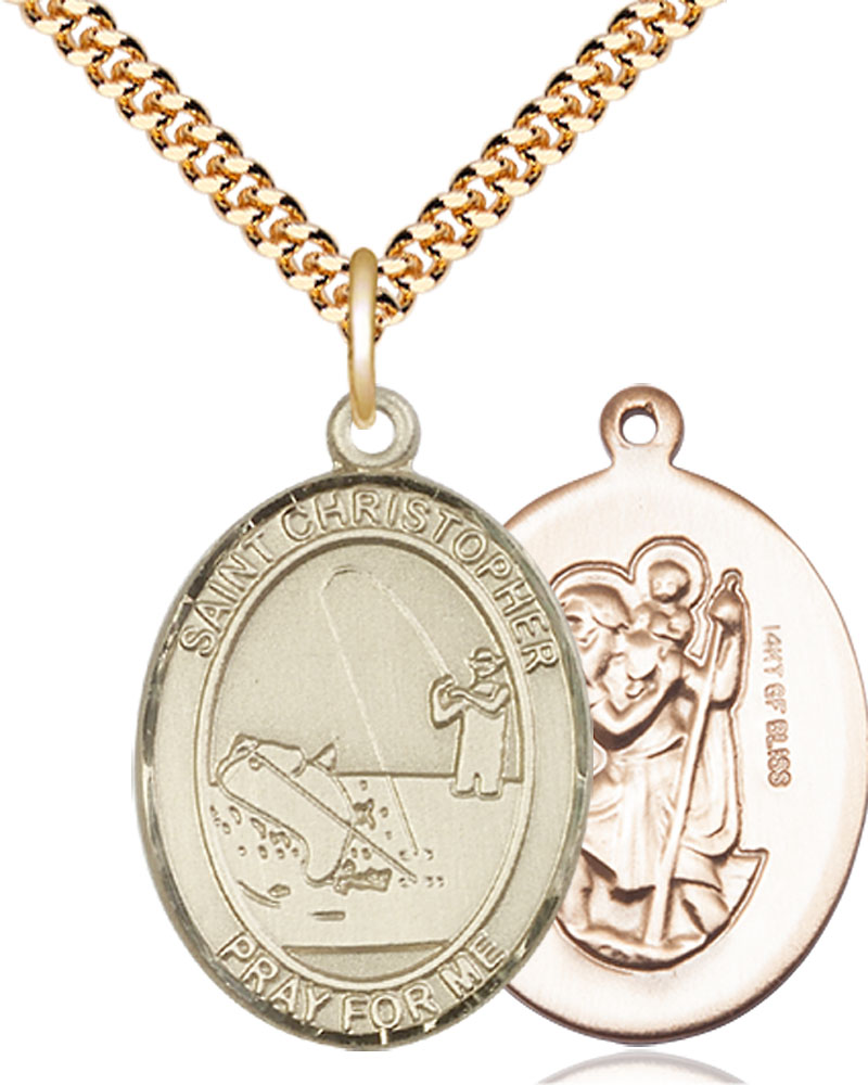 14kt Gold Filled Saint Christopher Fishing Pendant on a 24 inch Gold Plate Heavy Curb chain