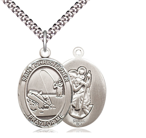 Sterling Silver Saint Christopher Fishing Pendant on a 24 inch Light Rhodium Heavy Curb chain