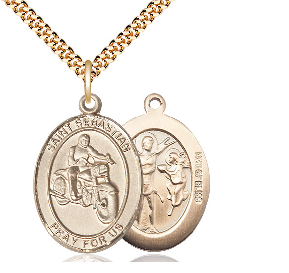 14kt Gold Filled Saint Sebastian Motorcycle Pendant on a 24 inch Gold Plate Heavy Curb chain