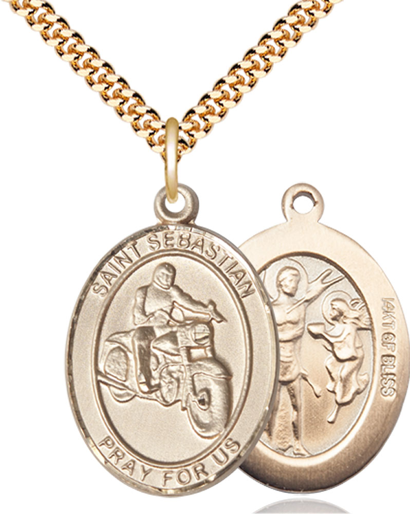 14kt Gold Filled Saint Sebastian Motorcycle Pendant on a 24 inch Gold Plate Heavy Curb chain