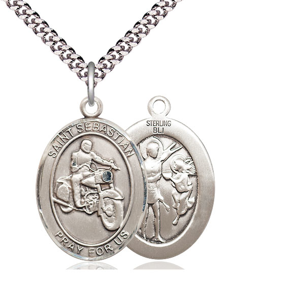 Sterling Silver Saint Sebastian Motorcycle Pendant on a 24 inch Light Rhodium Heavy Curb chain