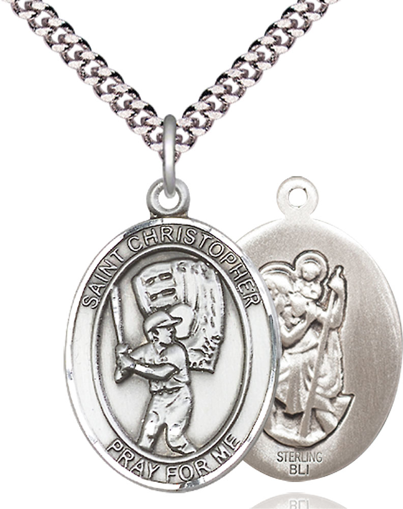 Sterling Silver Saint Christopher Baseball Pendant on a 24 inch Light Rhodium Heavy Curb chain