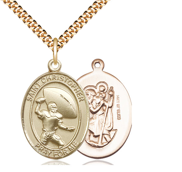 14kt Gold Filled Saint Christopher Football Pendant on a 24 inch Gold Plate Heavy Curb chain