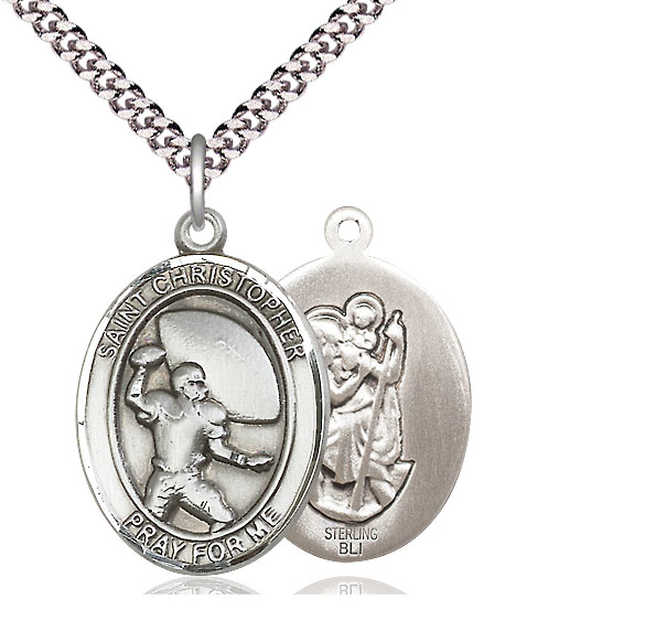 Sterling Silver Saint Christopher Football Pendant on a 24 inch Light Rhodium Heavy Curb chain