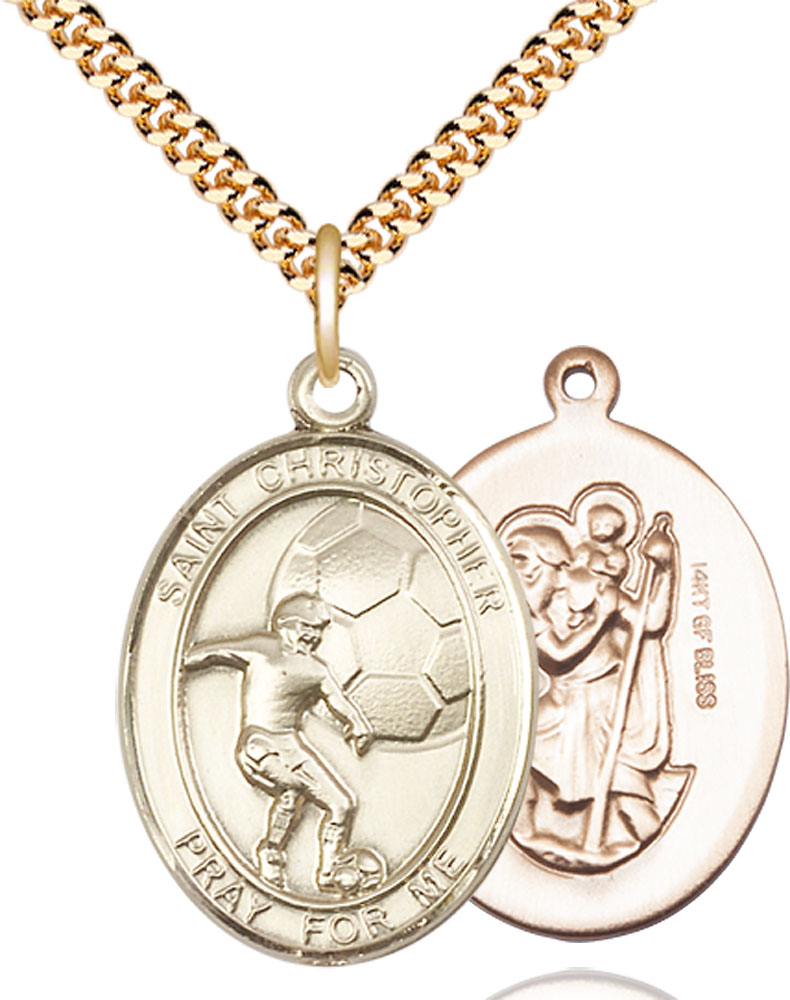 14kt Gold Filled Saint Christopher Soccer Pendant on a 24 inch Gold Plate Heavy Curb chain