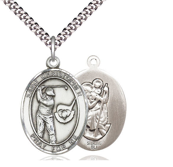 Sterling Silver Saint Christopher Golf Pendant on a 24 inch Light Rhodium Heavy Curb chain