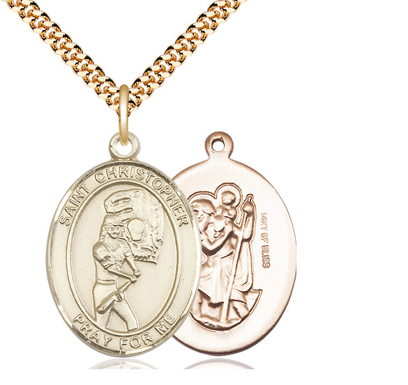 14kt Gold Filled Saint Christopher Softball Pendant on a 24 inch Gold Plate Heavy Curb chain