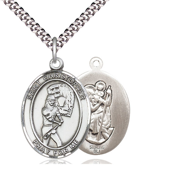 Sterling Silver Saint Christopher Softball Pendant on a 24 inch Light Rhodium Heavy Curb chain