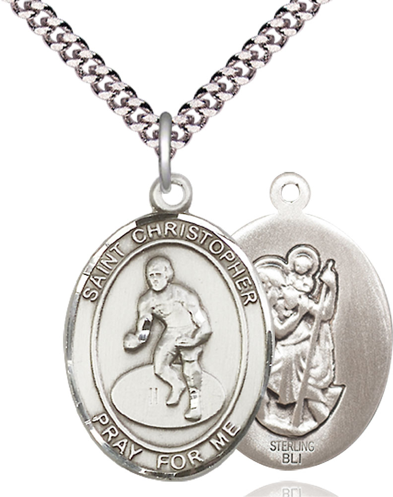Sterling Silver Saint Christopher Wrestling Pendant on a 24 inch Light Rhodium Heavy Curb chain