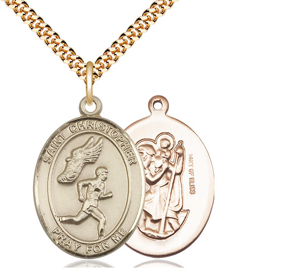 14kt Gold Filled Saint Christopher Track&amp;Field Pendant on a 24 inch Gold Plate Heavy Curb chain