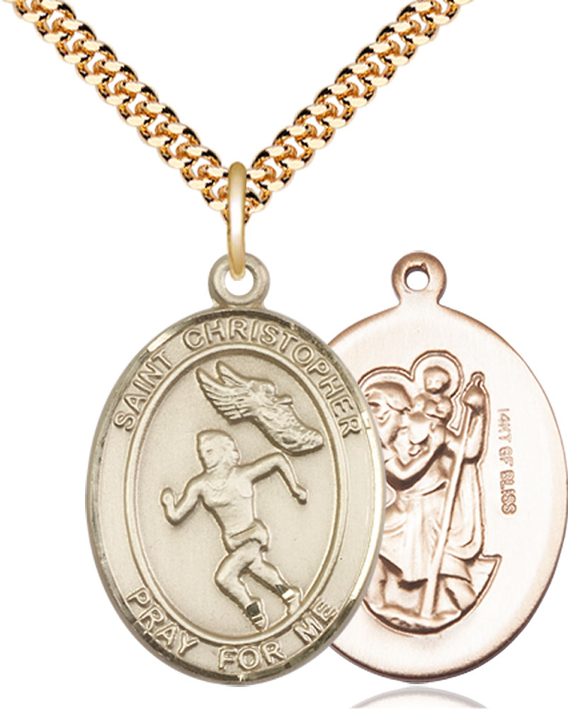 14kt Gold Filled Saint Christopher Track&amp;Field Pendant on a 24 inch Gold Plate Heavy Curb chain