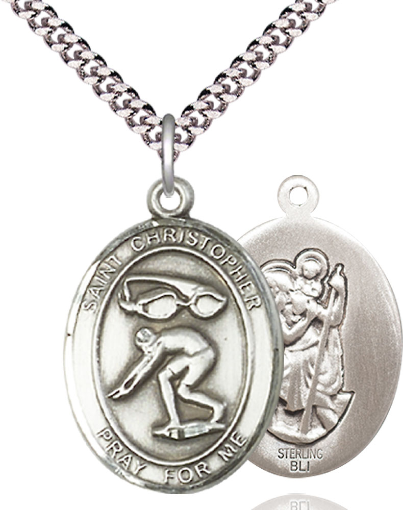 Sterling Silver Saint Christopher Swimming Pendant on a 24 inch Light Rhodium Heavy Curb chain