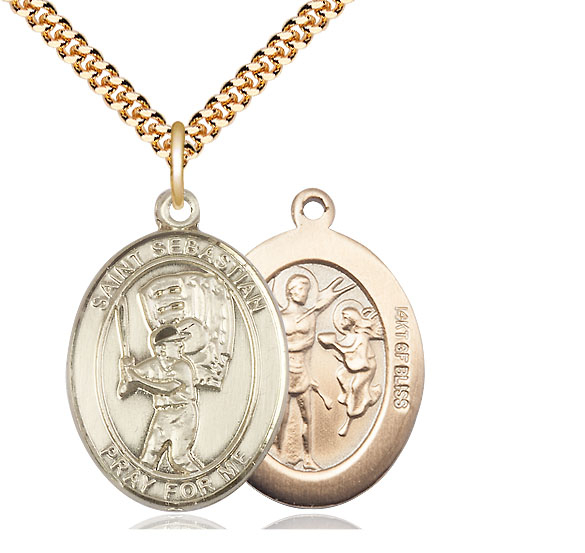 14kt Gold Filled Saint Sebastian Baseball Pendant on a 24 inch Gold Plate Heavy Curb chain