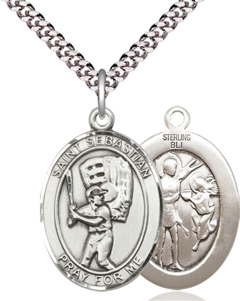 Sterling Silver Saint Sebastian Baseball Pendant on a 24 inch Light Rhodium Heavy Curb chain
