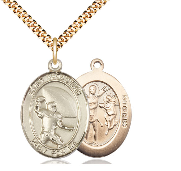 14kt Gold Filled Saint Sebastian Football Pendant on a 24 inch Gold Plate Heavy Curb chain