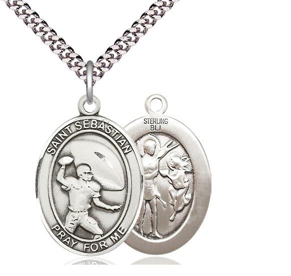 Sterling Silver Saint Sebastian Football Pendant on a 24 inch Light Rhodium Heavy Curb chain