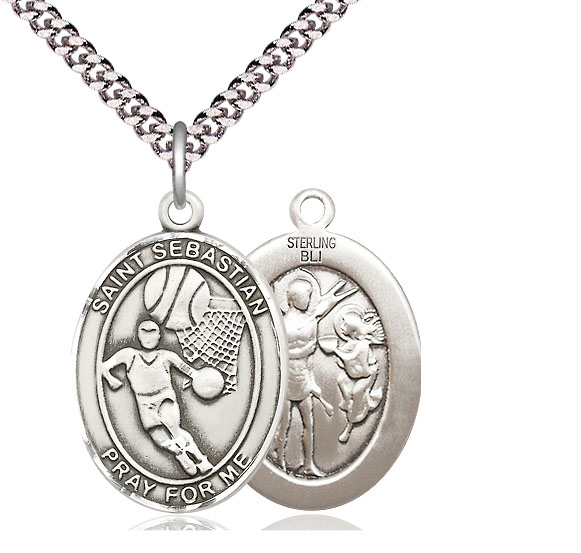 Sterling Silver Saint Sebastian Basketball Pendant on a 24 inch Light Rhodium Heavy Curb chain