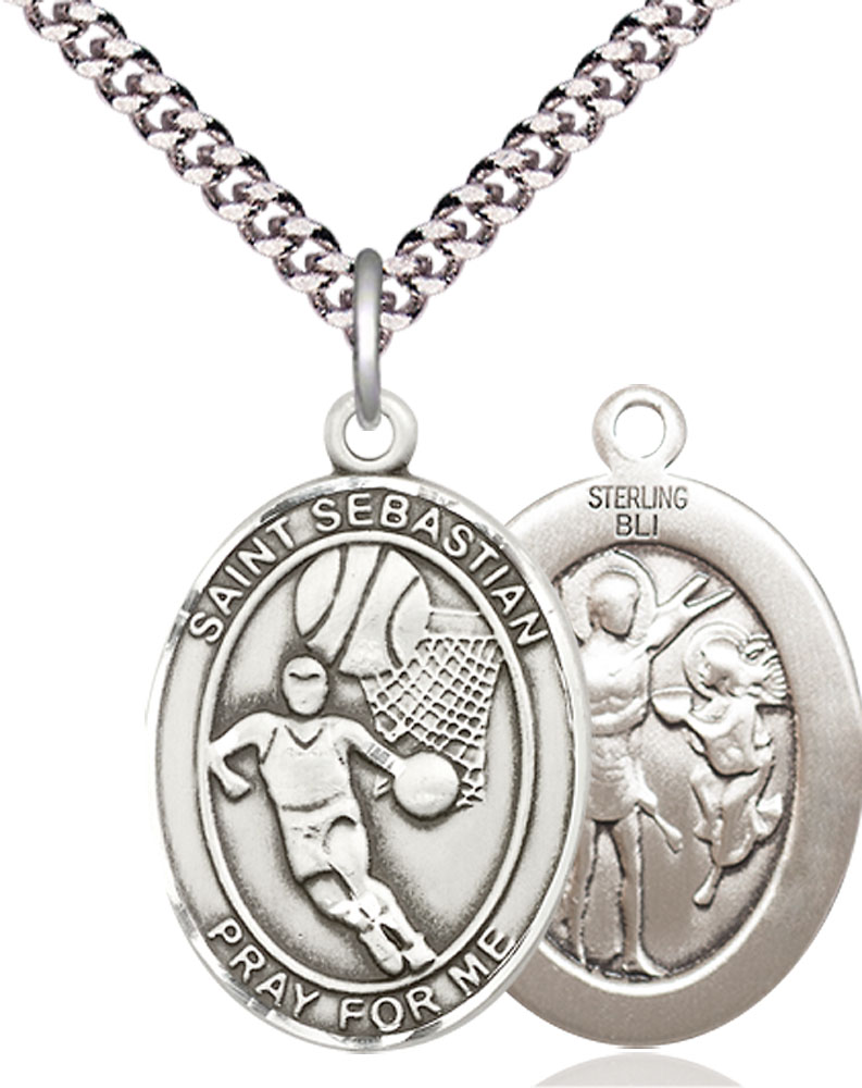 Sterling Silver Saint Sebastian Basketball Pendant on a 24 inch Light Rhodium Heavy Curb chain